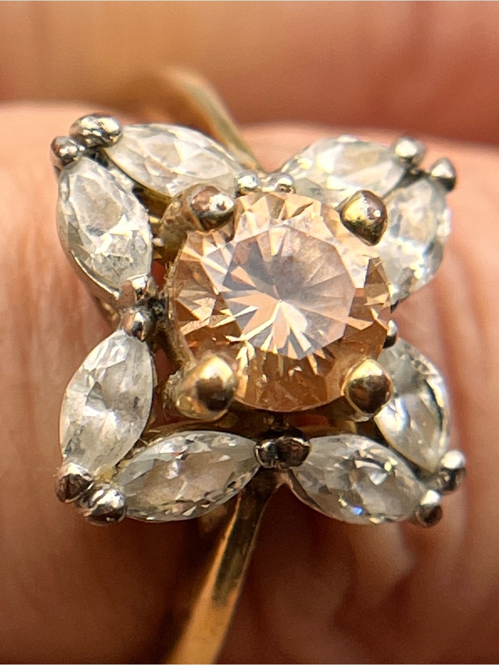 Vintage Gold Butterfly Ring with Peach Center Stone & Clear Accent Stones